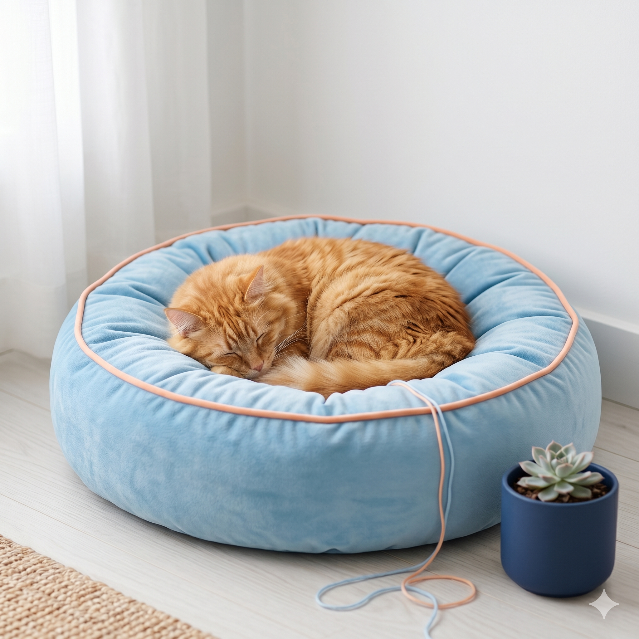 Gato dormindo em cama pet azul