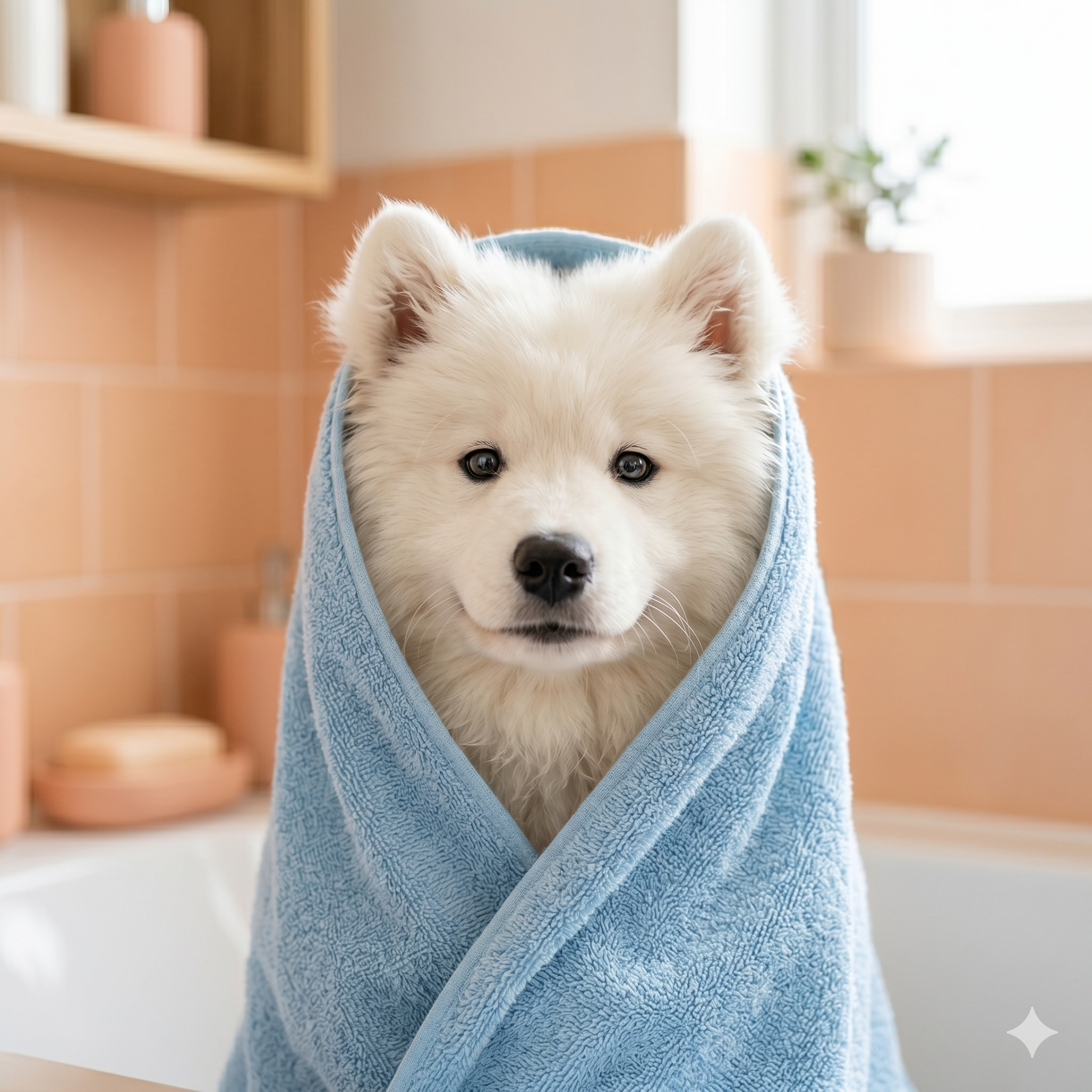 Cachorro branco enrolado em toalha azul