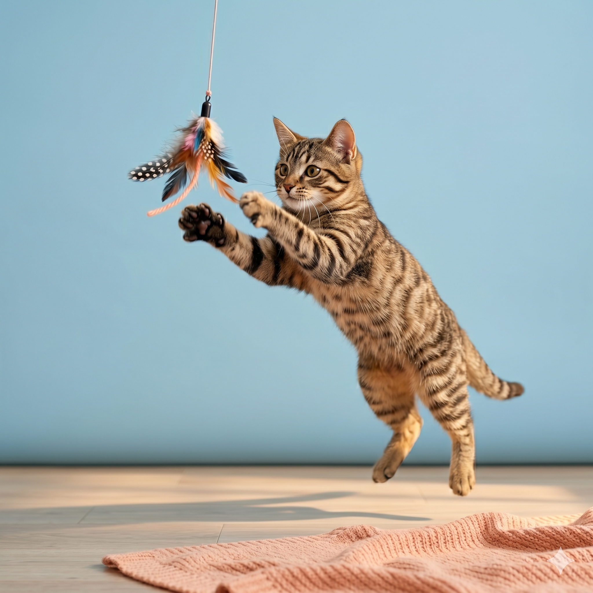 Gato pulando com brinquedo de penas
