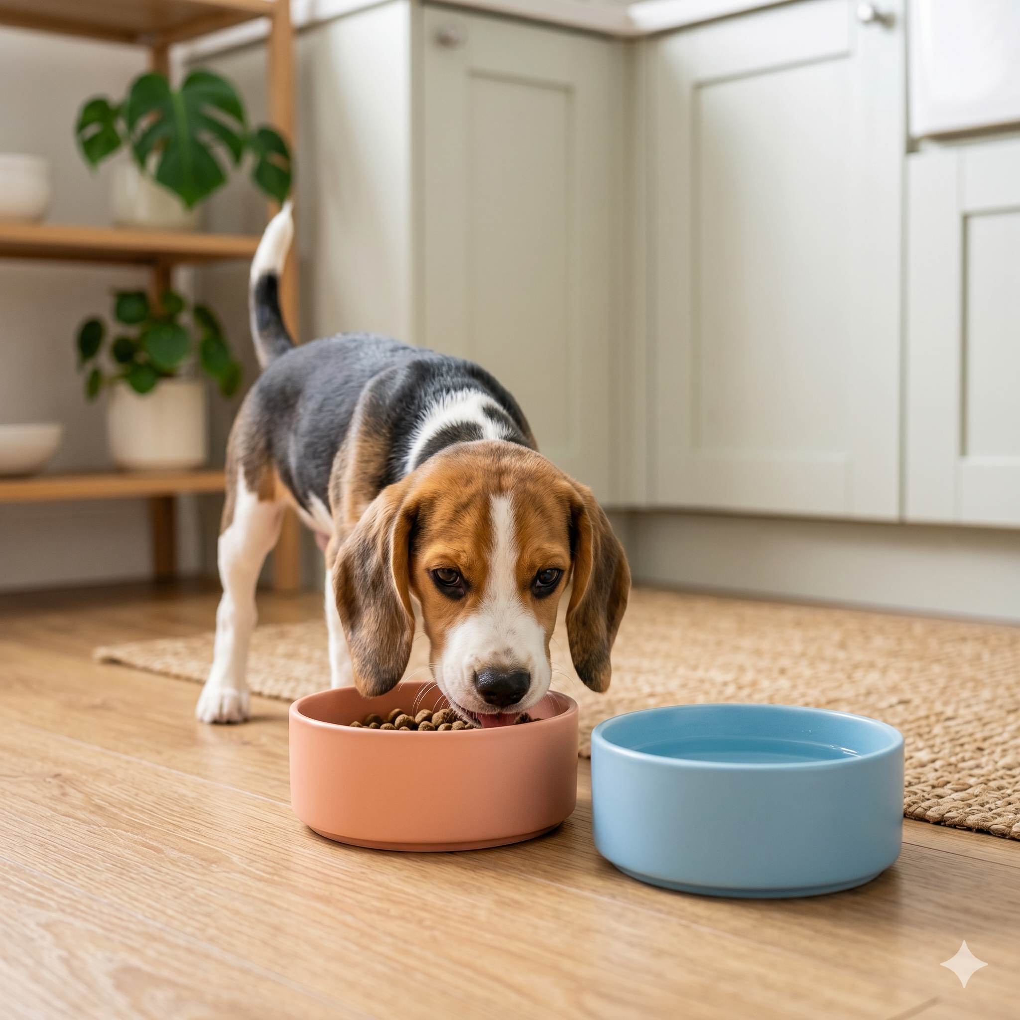 Beagle comendo na tigela