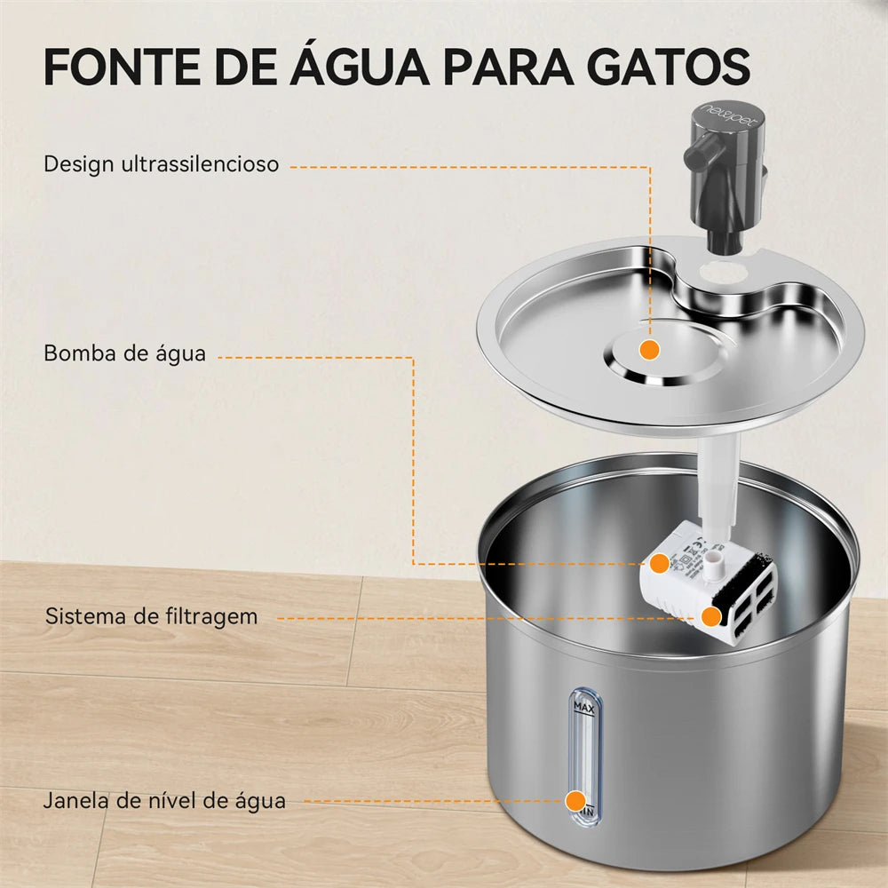 Fonte Bebedouro Inox 3L para Pets - fluxo de água em movimento