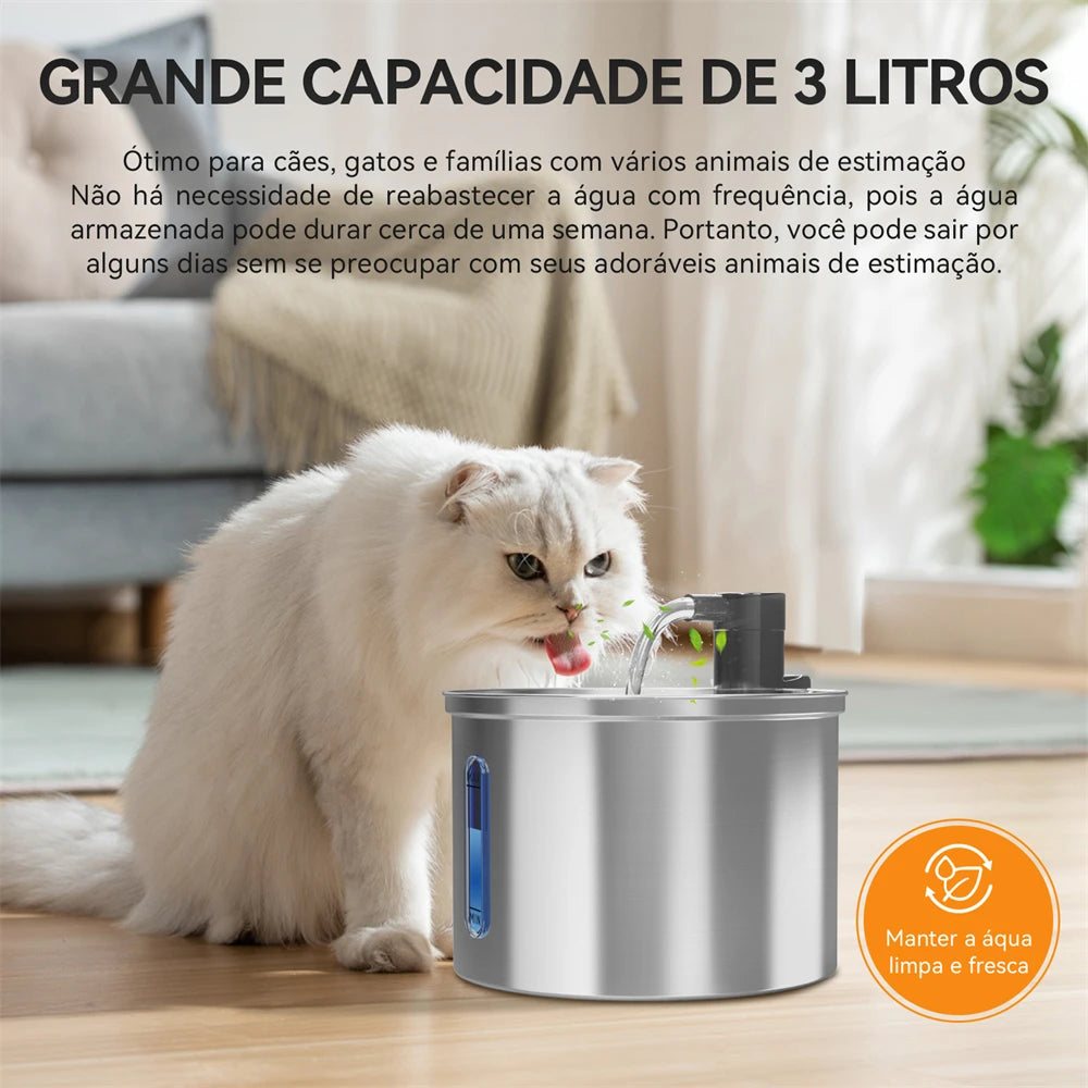 Fonte Bebedouro Inox 3L para Pets - gato bebendo água