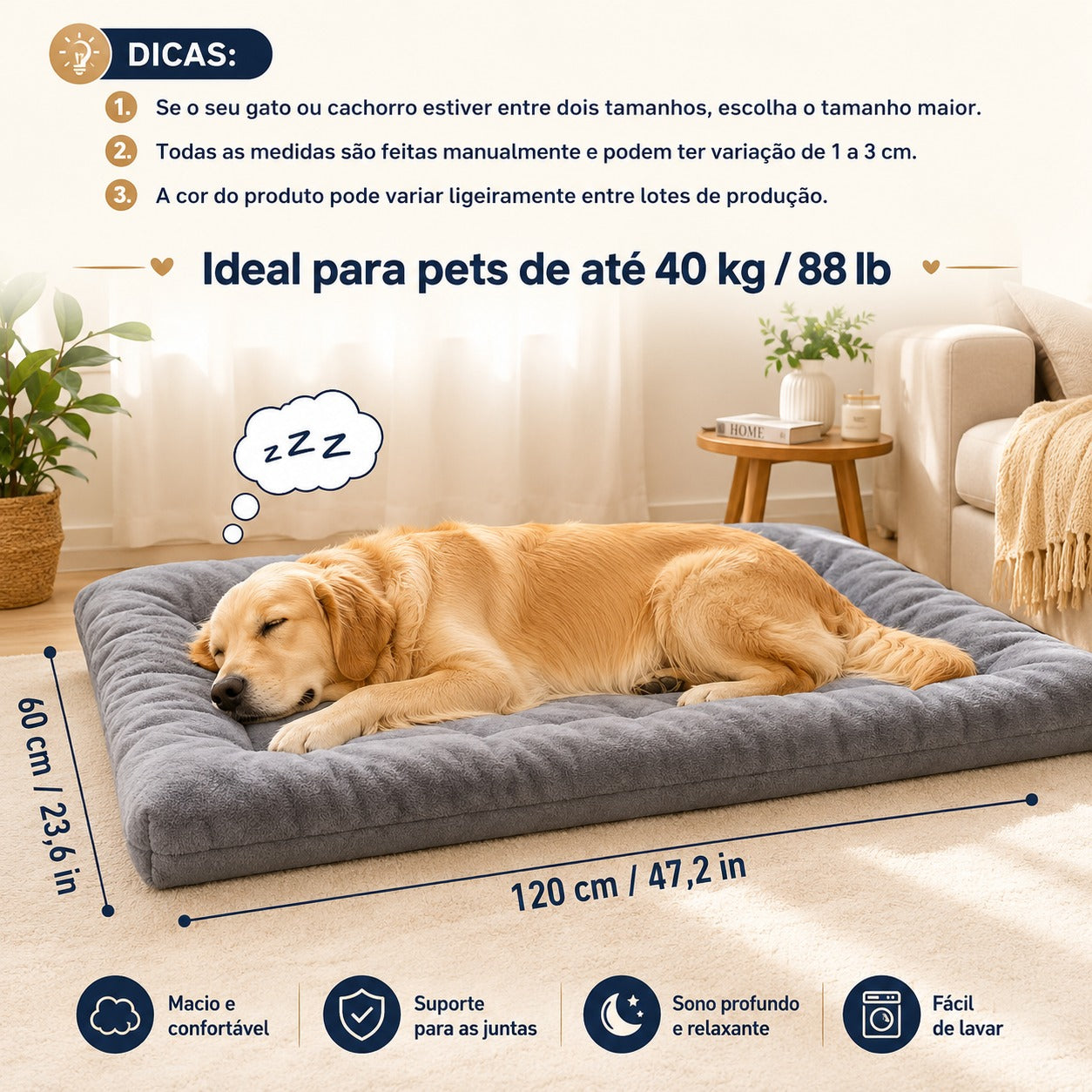 Cama XL 120x60cm para Cães de Grande Porte