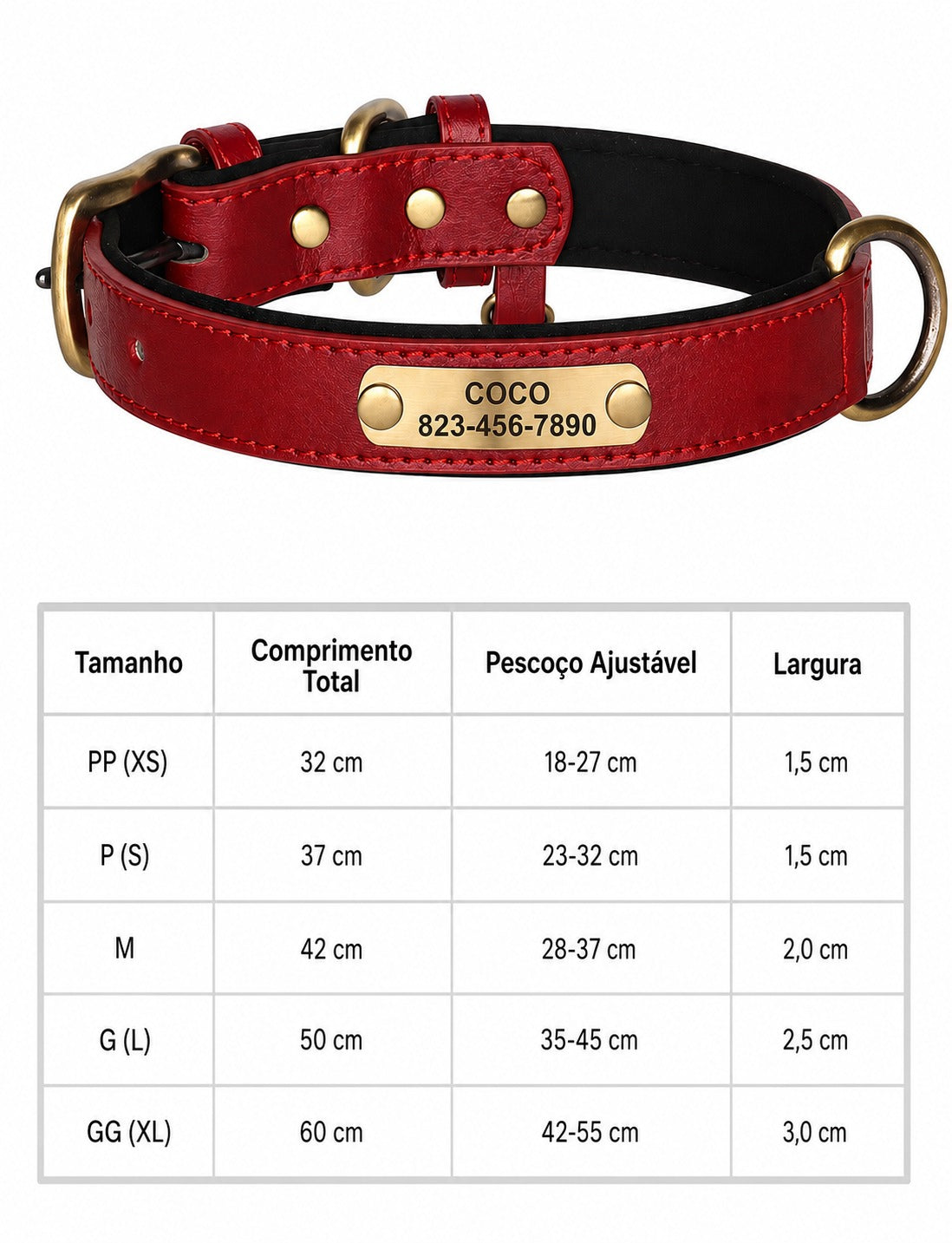 Coleira de Couro PU Personalizada com Gravação