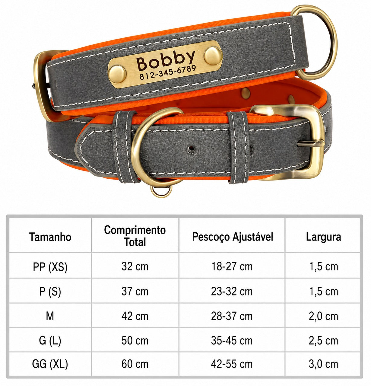 Coleira de Couro PU Personalizada com Gravação