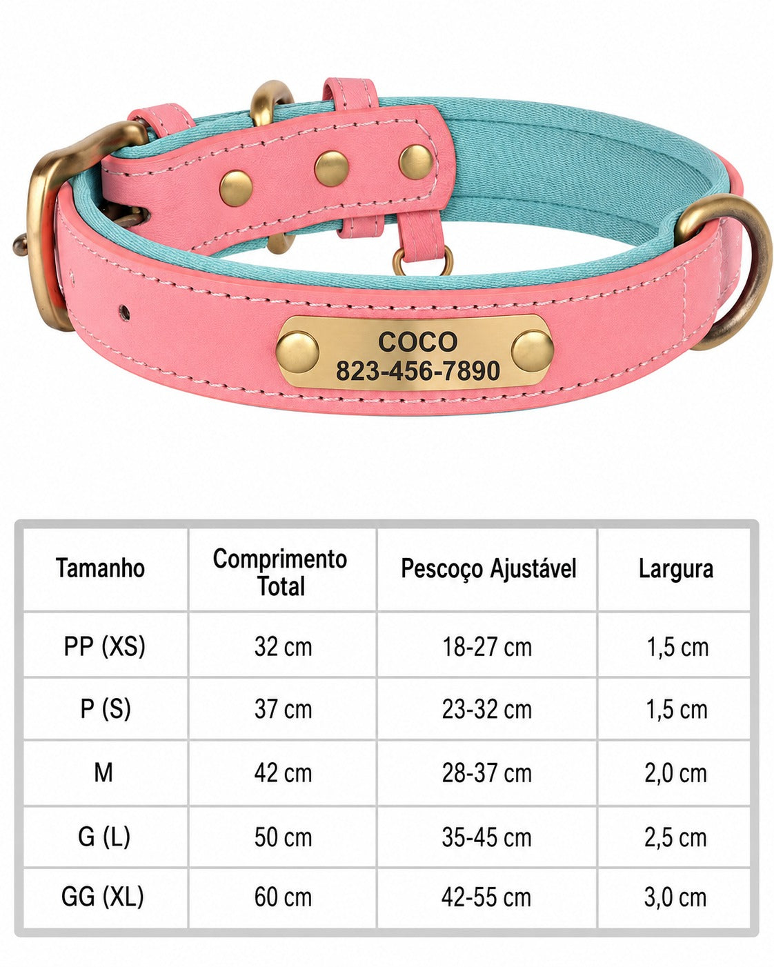 Coleira de Couro PU Personalizada com Gravação