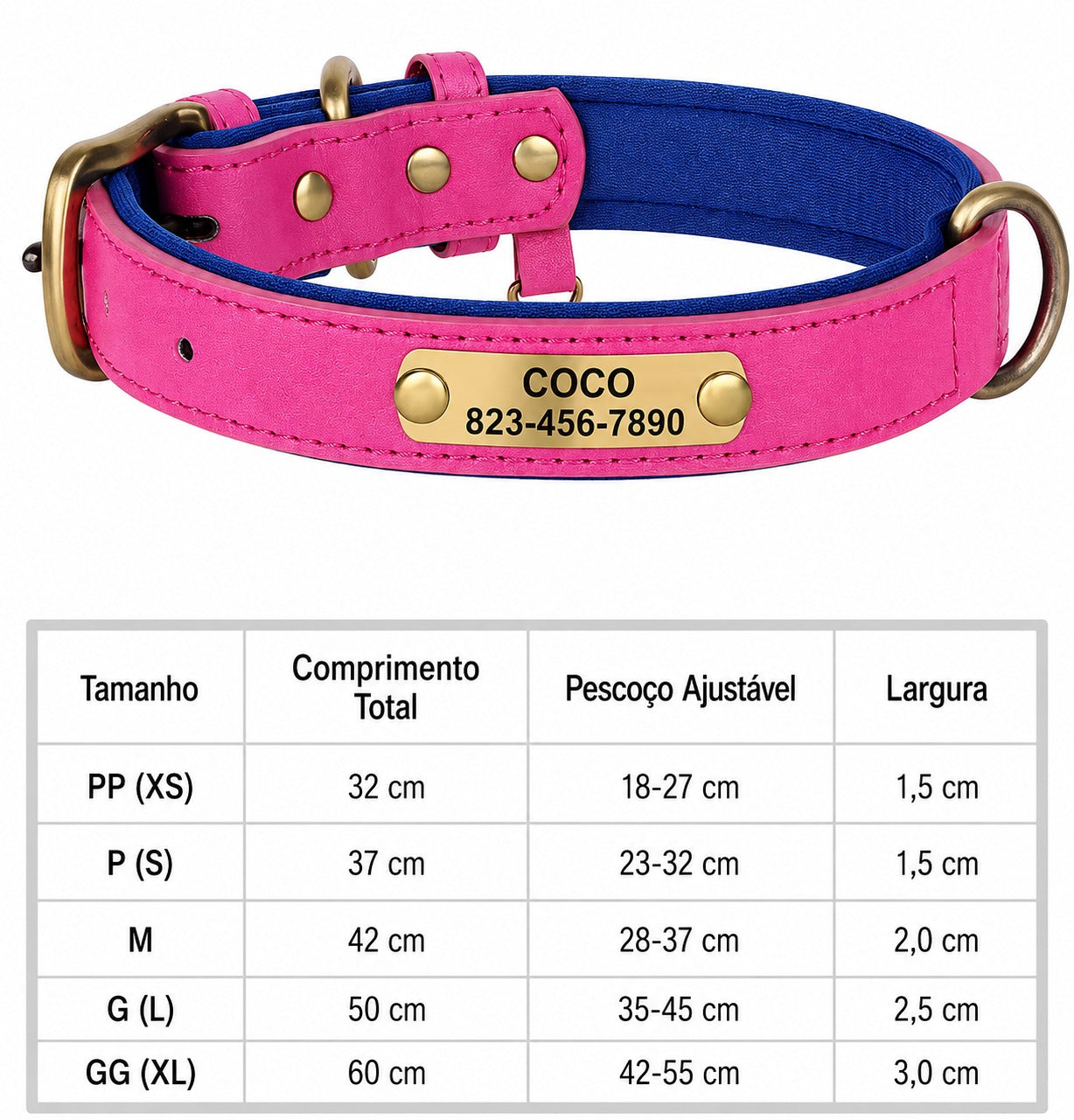 Coleira de Couro PU Personalizada com Gravação